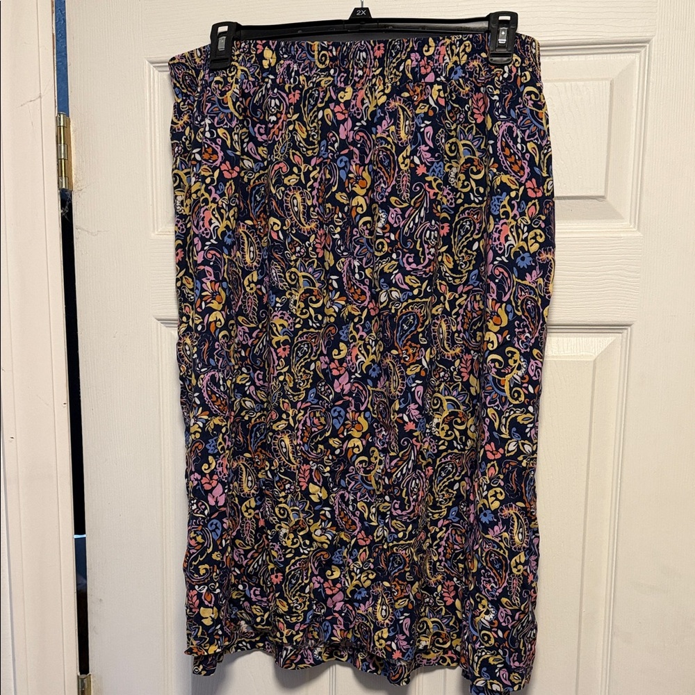 croft & barrow Navy Paisley Midi Skirt with Pink, Yellow & Blue Details